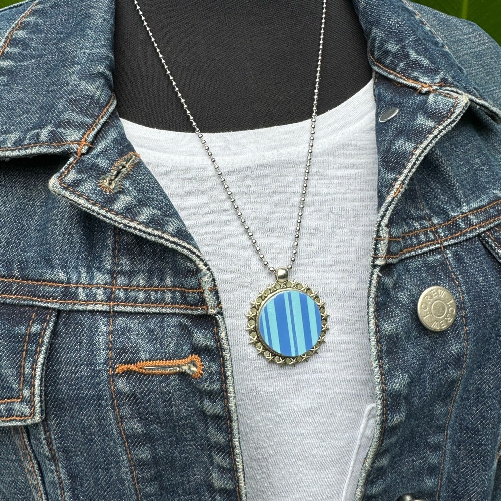Upcycled broken Pyrex Blue Stripe Barcode ball chain necklace & star pendant